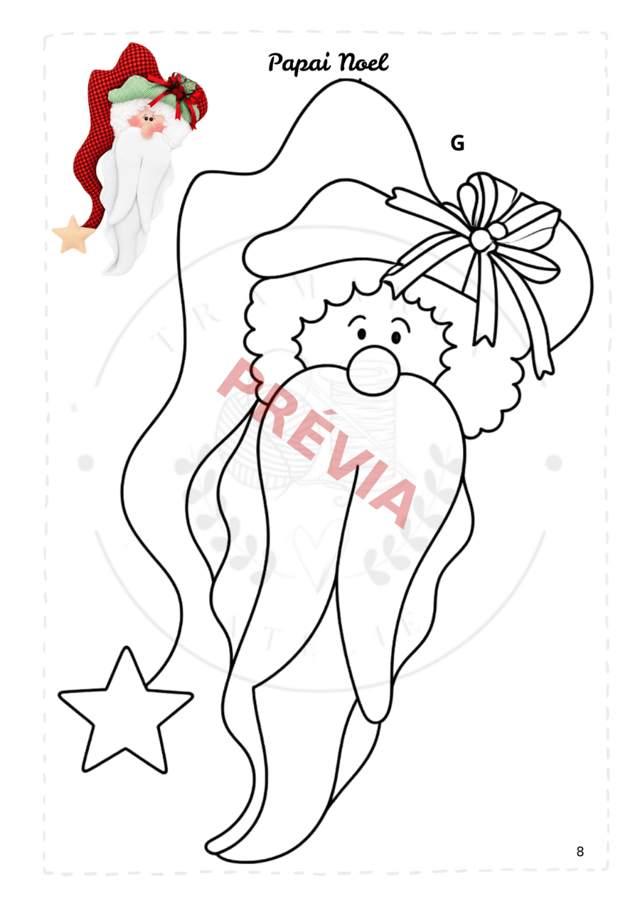 Página de prévia do molde Papai Noel no tamanho G, com estrela e laço