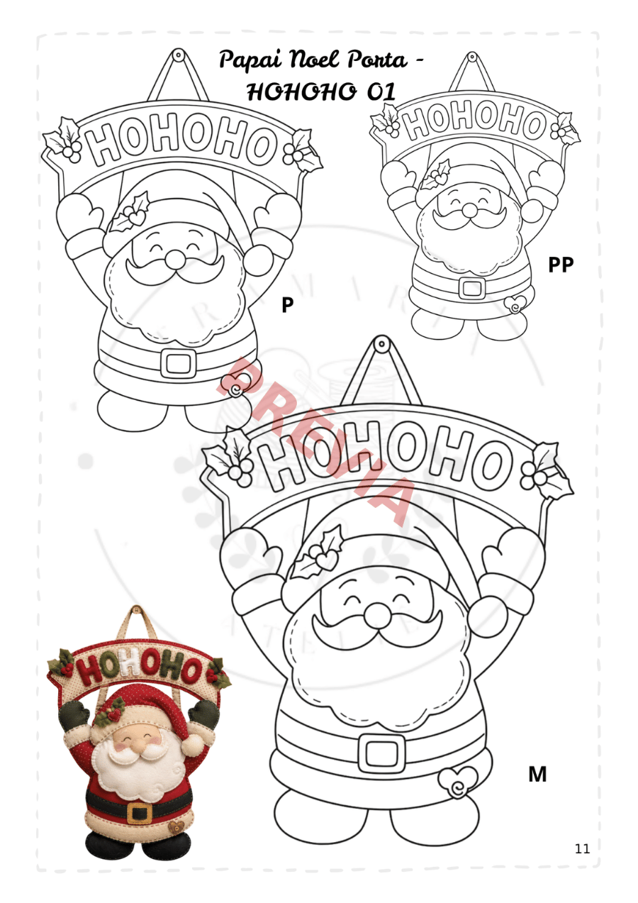 Página de prévia do molde Papai Noel de porta HOHOHO nos tamanhos P, PP e M