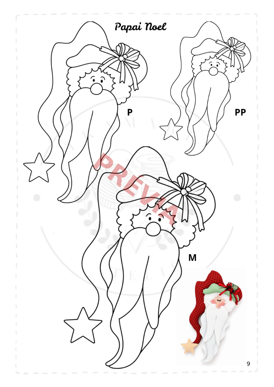 Página de prévia do molde Papai Noel nos tamanhos P, PP e M